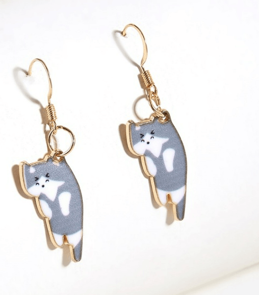 Kitten Dangle Earrings - Modiva Grey & White Modiva Kitten Dangle Earrings