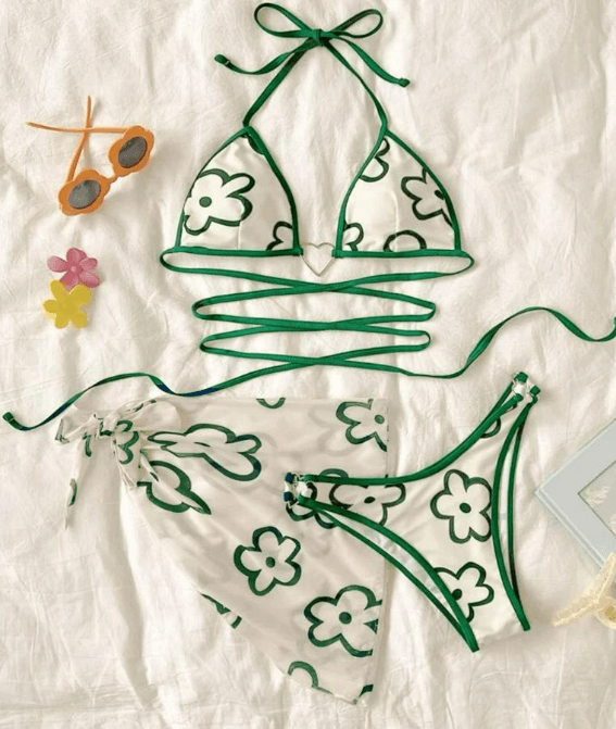 3 Piece Green & White Flower Bikini - Modiva Modiva 3 Piece Green & White Flower Bikini