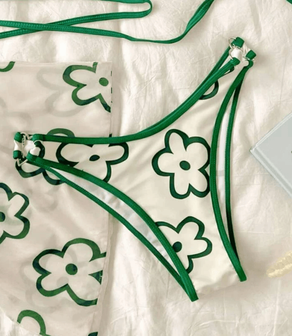 3 Piece Green & White Flower Bikini - Modiva Modiva 3 Piece Green & White Flower Bikini