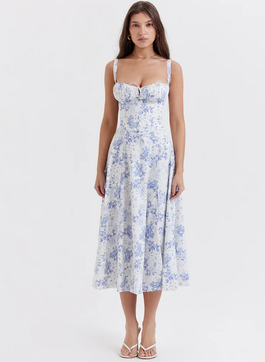 Blue & White Floral Evening Maxi Dress