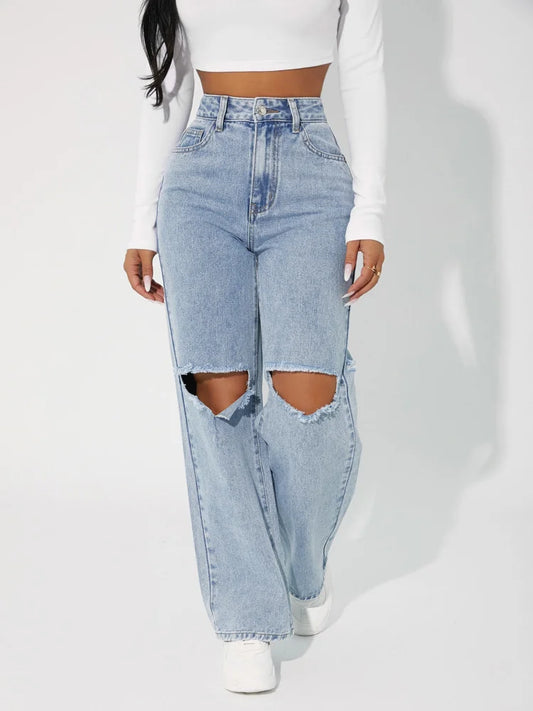 Blue High Waisted Ripped Knee Jeans