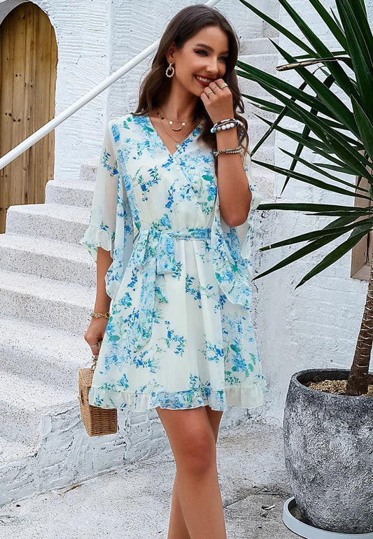 Blue Floral Boho Mini Dress