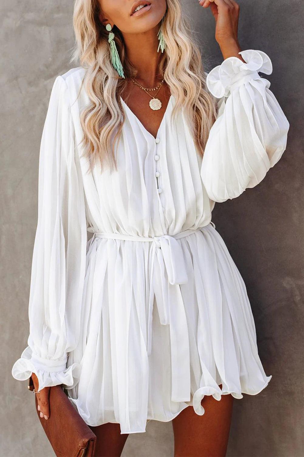 Chic White Ruffled Button Up Jumpsuit