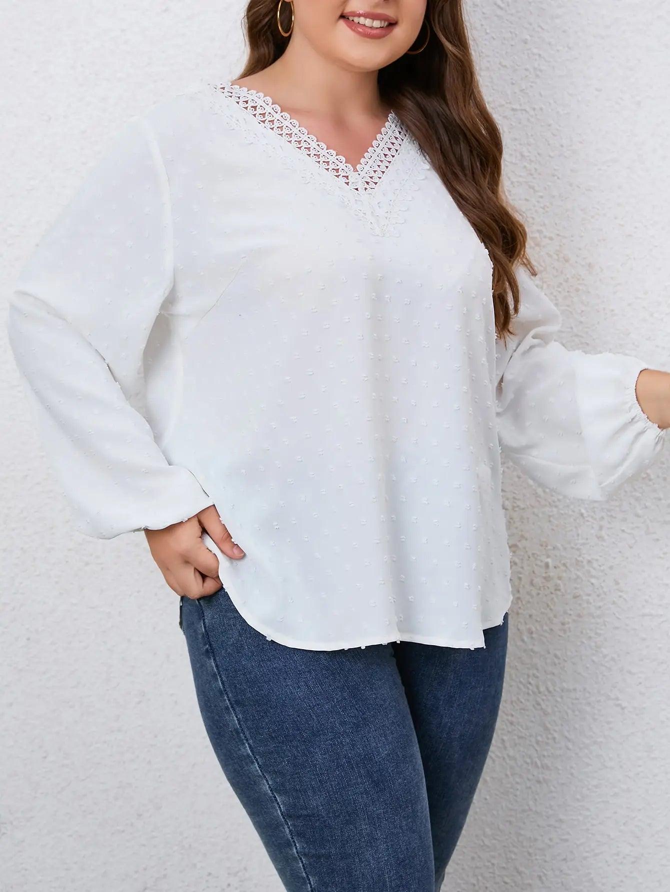 Plus Size White V-Neck Design Long Sleeve Top - Modiva Modiva Plus Size White V-Neck Design Long Sleeve Top