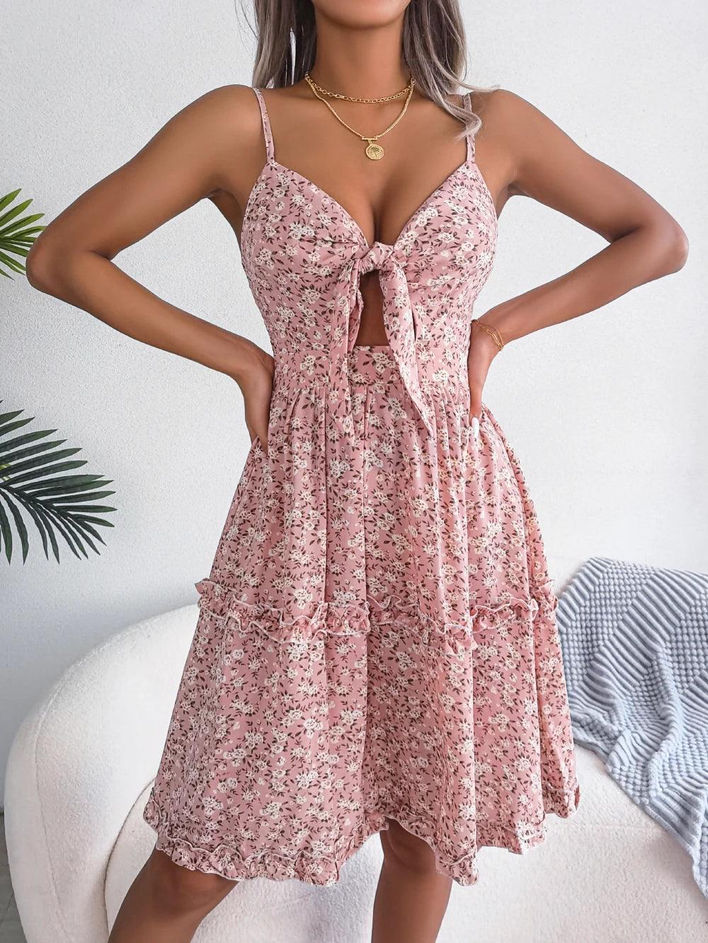 Pink Floral Ruffle Thin Strap Midi Dress