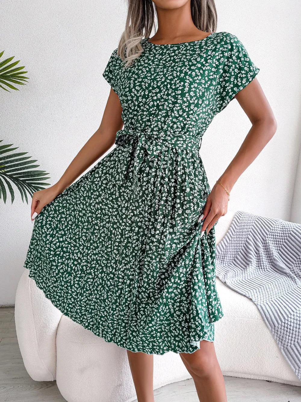 Short Sleeve Pleated Midi Dress