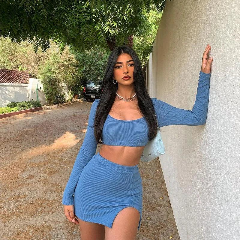 Long Sleeve Slit Skirt Summer Two-Piece