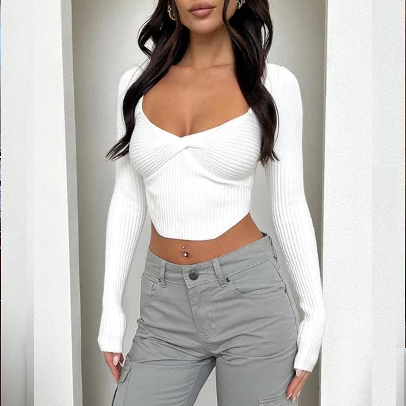 Long Sleeve Ribbed Low Cut Cropped Top