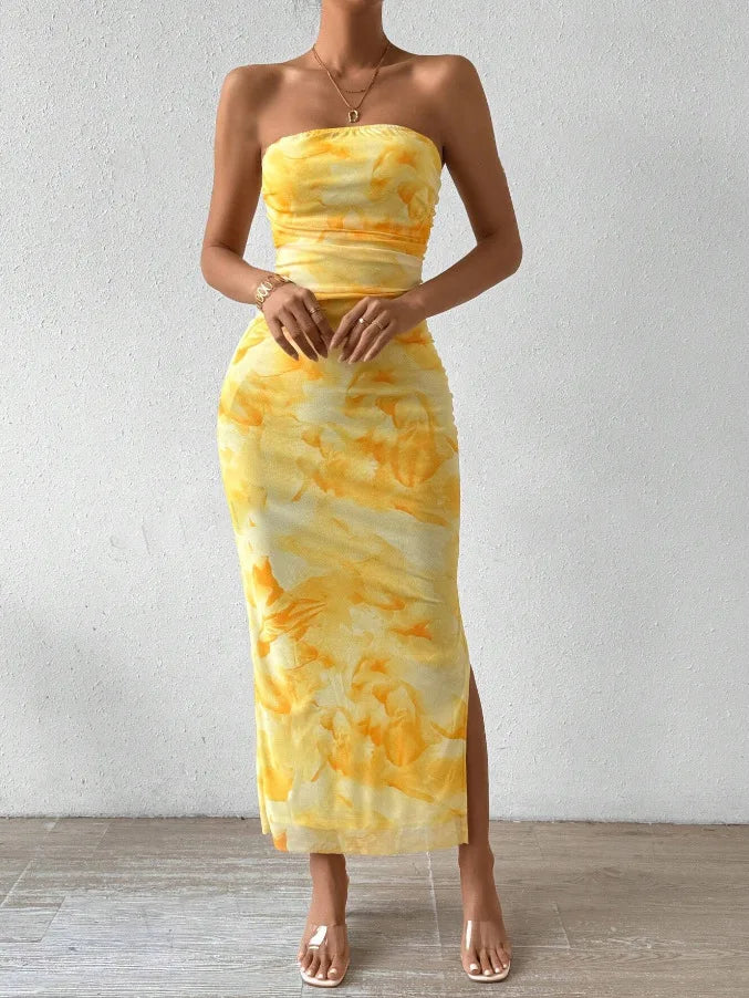 Yellow Marble Strapless Maxi Dress 