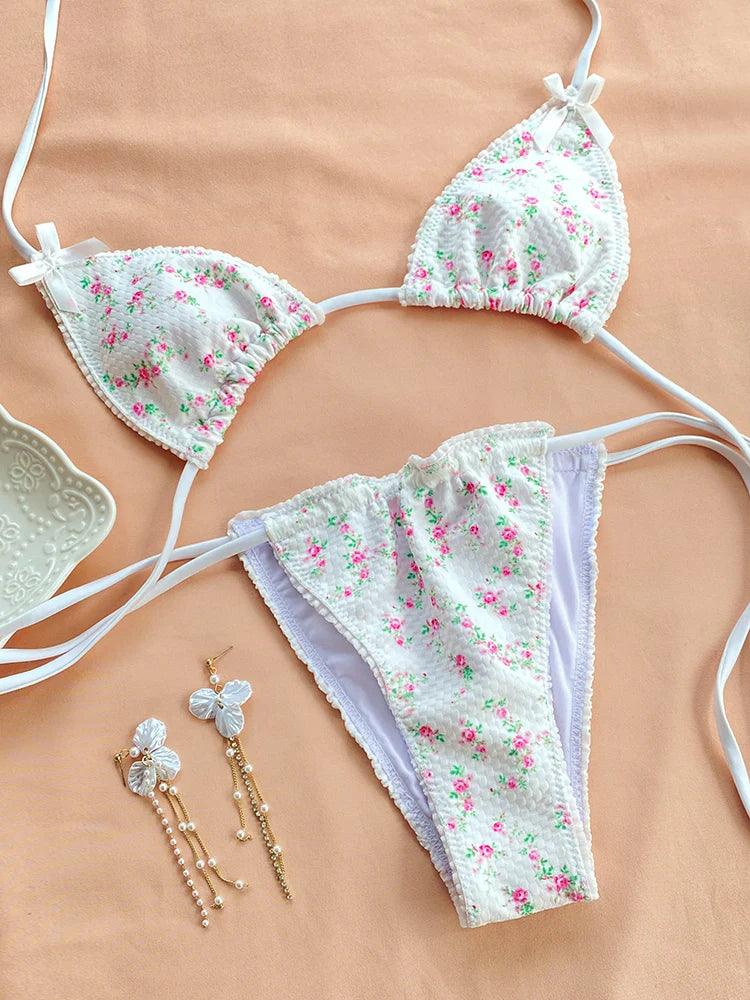 White Floral Ruffle Triangle Bikini