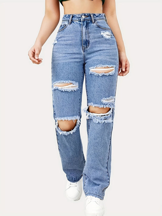 High Waisted Frayed Ripped Jeans