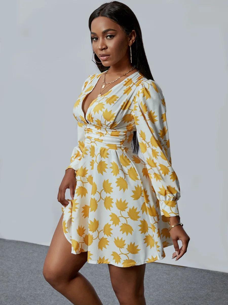 Plus Size White & Yellow Long Sleeve Low Cut Mini Dress