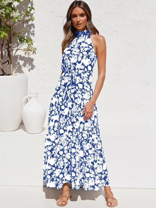 Blue Floral Halter Neck Maxi Dress - Modiva My Store Blue Floral Halter Neck Maxi Dress