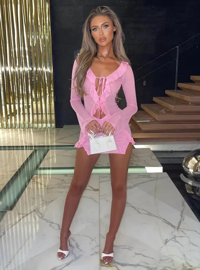 Long Sleeve Ruffle Bodycon Dress - Modiva S / Pink Modiva Clothing LTD Long Sleeve Ruffle Bodycon Dress