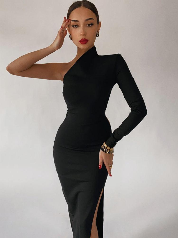 One Shoulder Leg Slit Maxi Bodycon Dress - Modiva Modiva One Shoulder Leg Slit Maxi Bodycon Dress