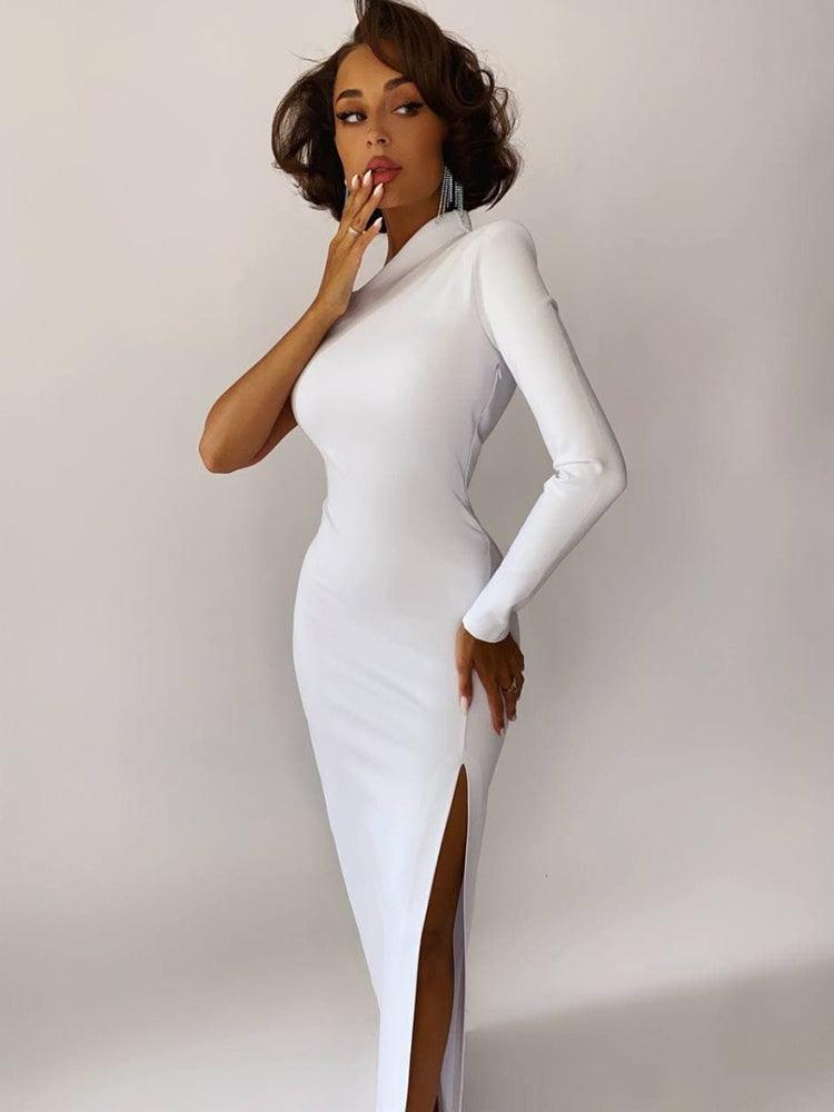 One Shoulder Leg Slit Maxi Bodycon Dress - Modiva XS / White Modiva One Shoulder Leg Slit Maxi Bodycon Dress