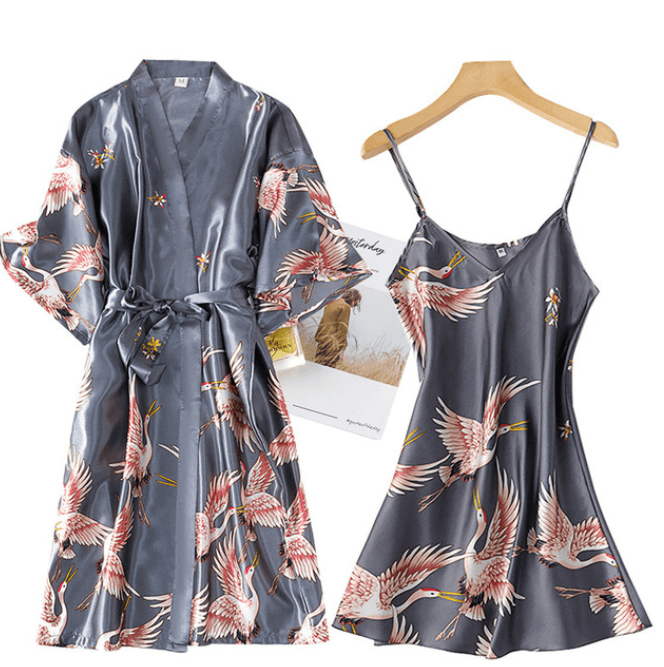 Silk Robe & Matching Night Dress - Modiva M / Grey Both My Store Sets Silk Robe & Matching Night Dress