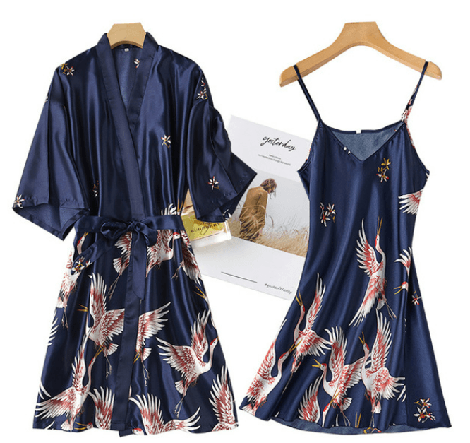 Silk Robe & Matching Night Dress - Modiva M / Blue Both My Store Sets Silk Robe & Matching Night Dress