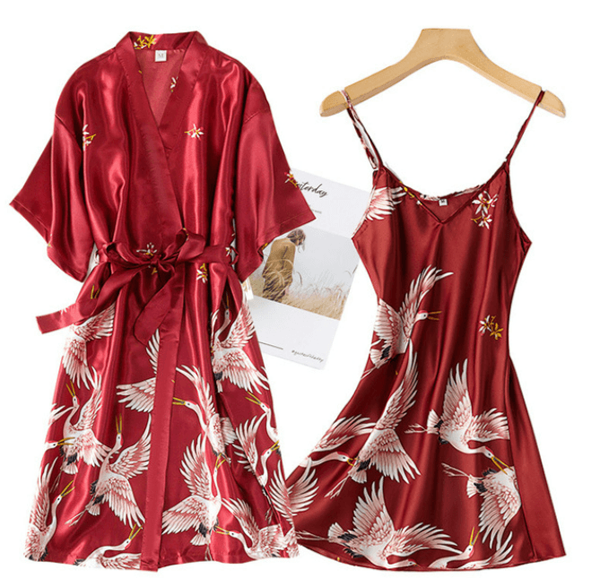 Silk Robe & Matching Night Dress - Modiva M / Red Both My Store Sets Silk Robe & Matching Night Dress